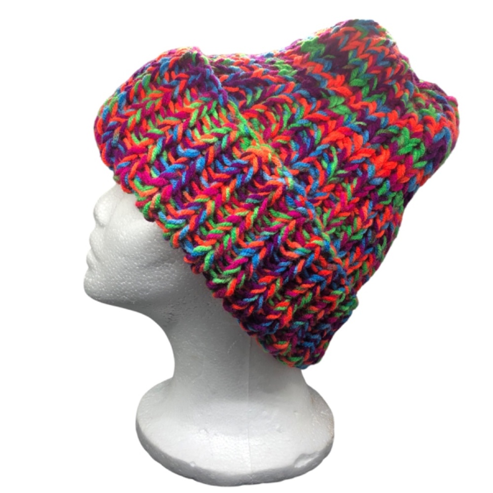 Chunky Ribbed Knit Toboggan Dark Neon Beanie Folded Brim Hat - Picture 15 of 17